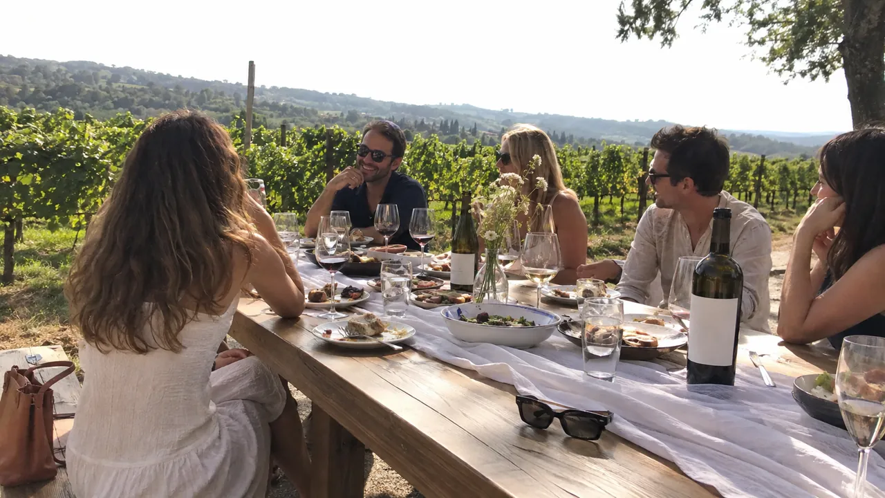 A table set among vineyard rows
