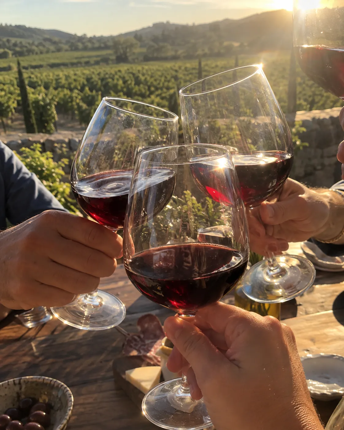 Hands raising wine glasses among vines